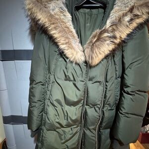 Mackage Trish Green Quilted Puffer Jacket with Fur-Trimmed Hood